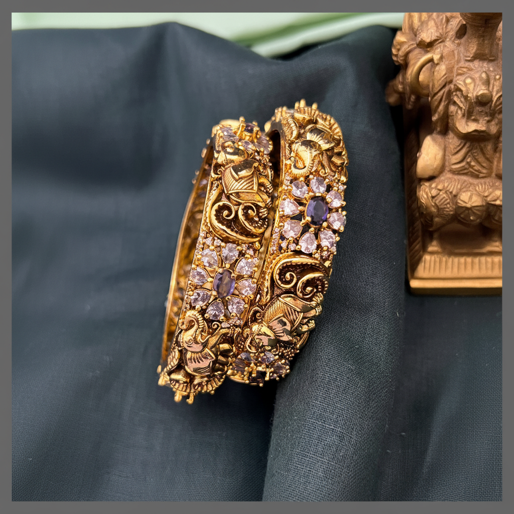 Beautiful Elephant and Stone Flower Bangles - BG00492
