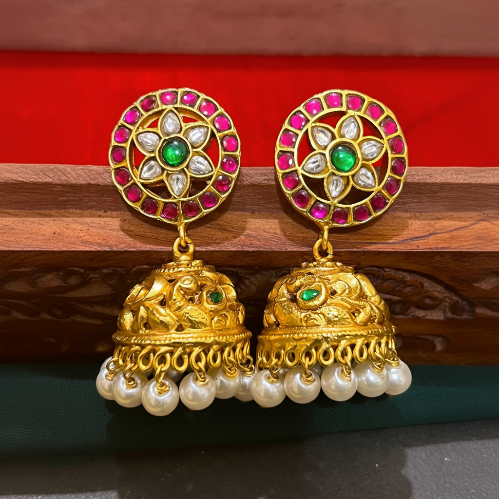 Ruby Flower Jhumki Earring in Kundan - KE00318