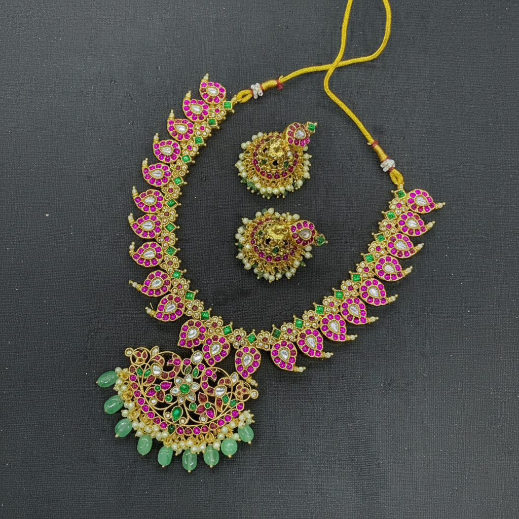 Jadau Mango Short Necklace With Jhumkis - KN00620