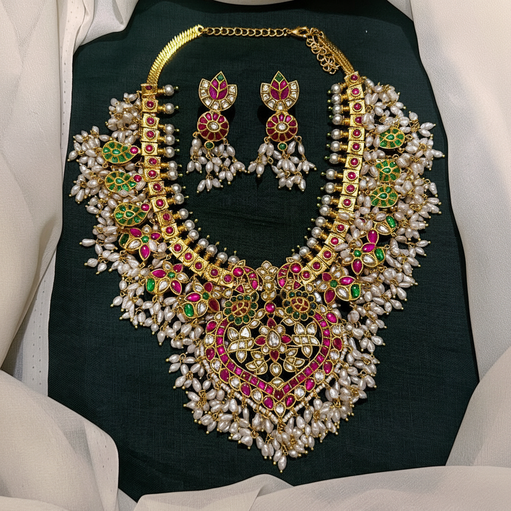 Jadau Original Rice Pearls Necklace with Earrings - KN00608
