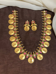 Ruby Kundan Long Kaasu Haram With Screw Back Earrings - KH00352