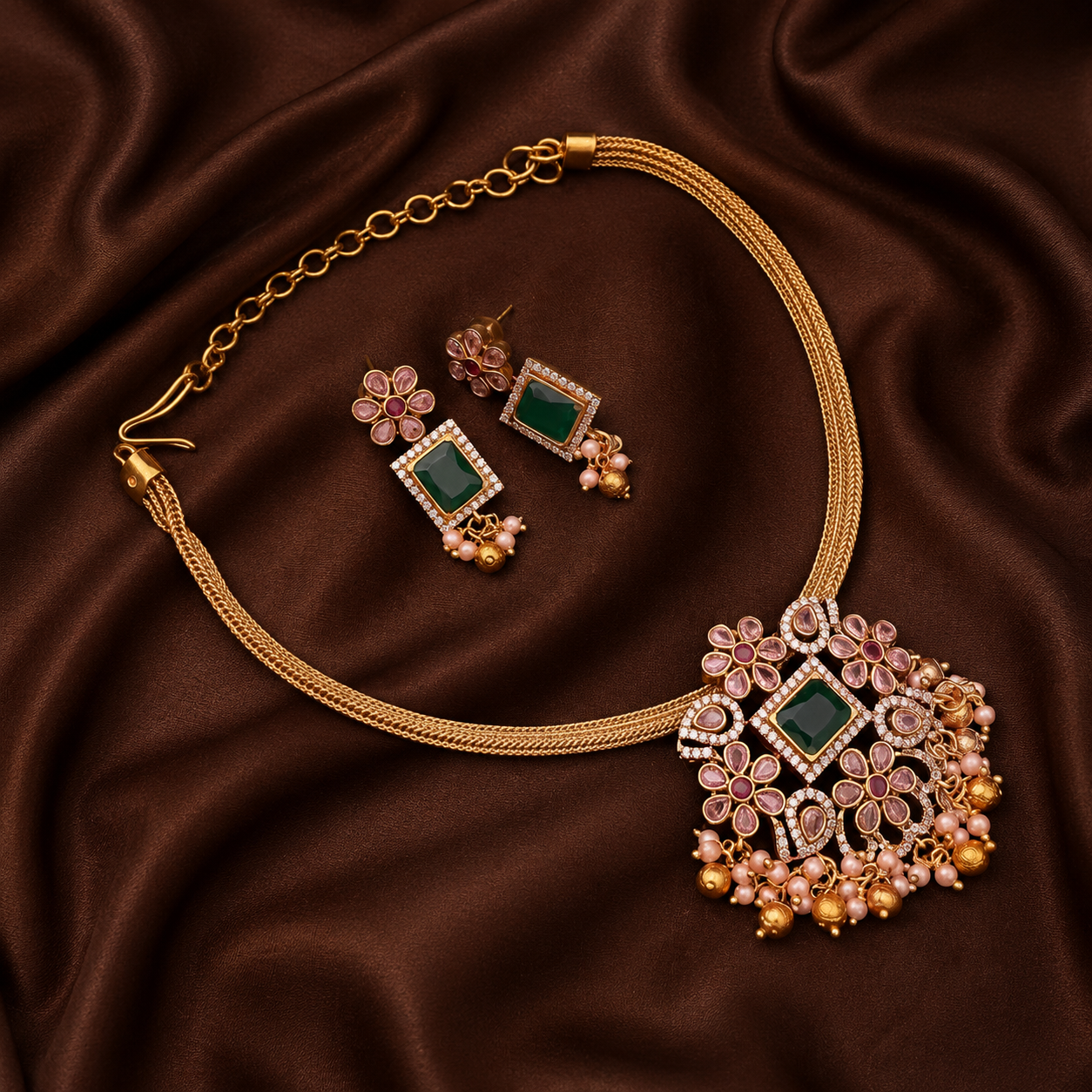 Nanu Chain Necklace With Stone Flower Pendant In Nakshi - NN00821
