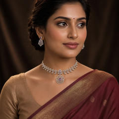 Beautiful Rich  Leaf Design White Stone with Purple Stone Necklace in Diamond - DN0057