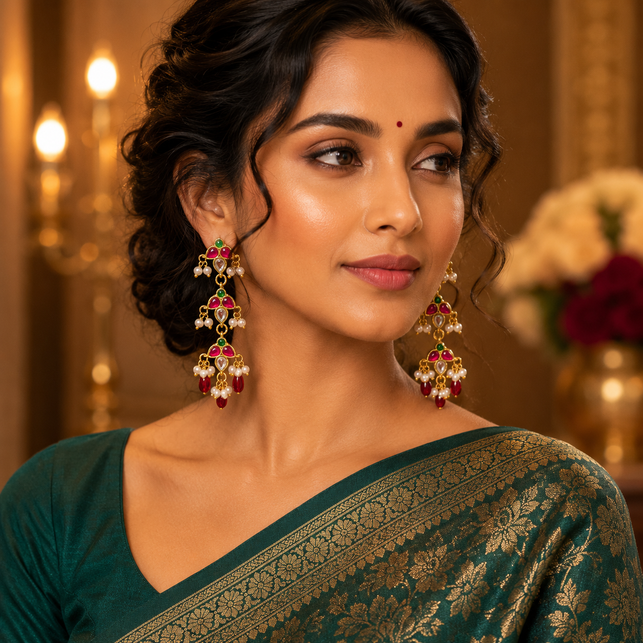 Emerald  and Ruby Stone Earring in Kundan - KE00252