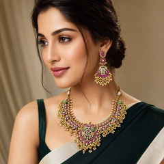 Beautiful Multi Flower with Peacock pendant Neckalce in Kundan -KN00522