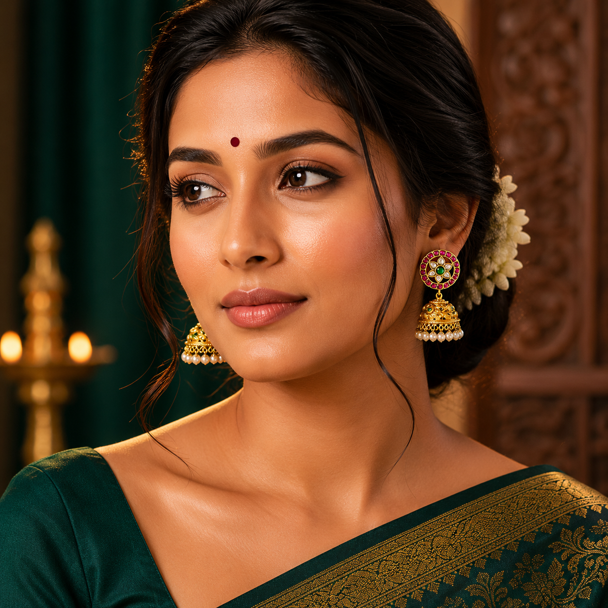 Ruby Flower Jhumki Earring in Kundan - KE00318