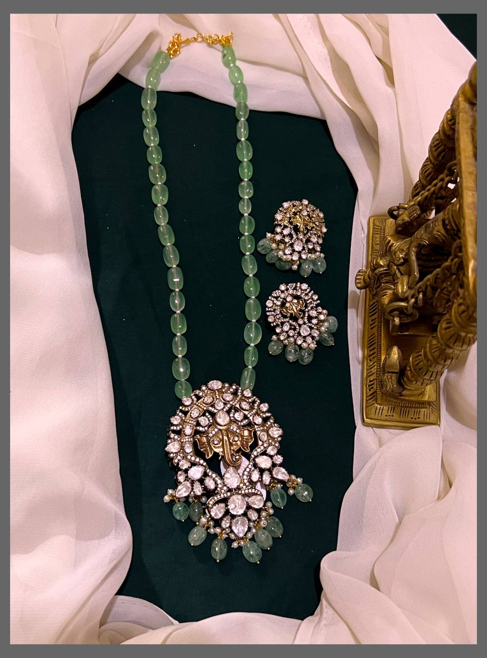 Green pearl  Haram with Lord  Ganesh Victorian Penend  - PB00177