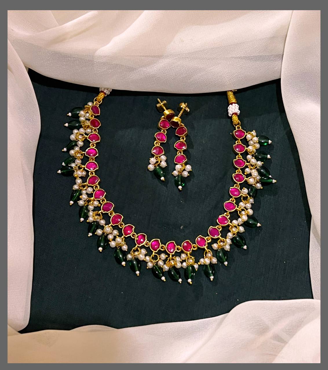 Beautiful Pink with Cream and Green  Pearl Necklace in Kundan - Kn00500