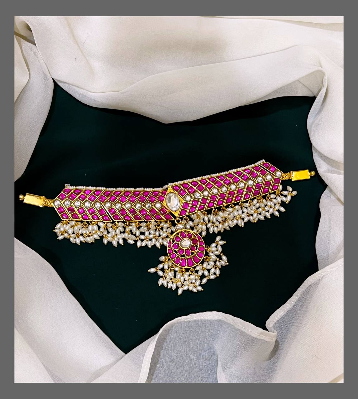 Ruby with Rice Pearl Pendent Choker in Kundan - KN00378