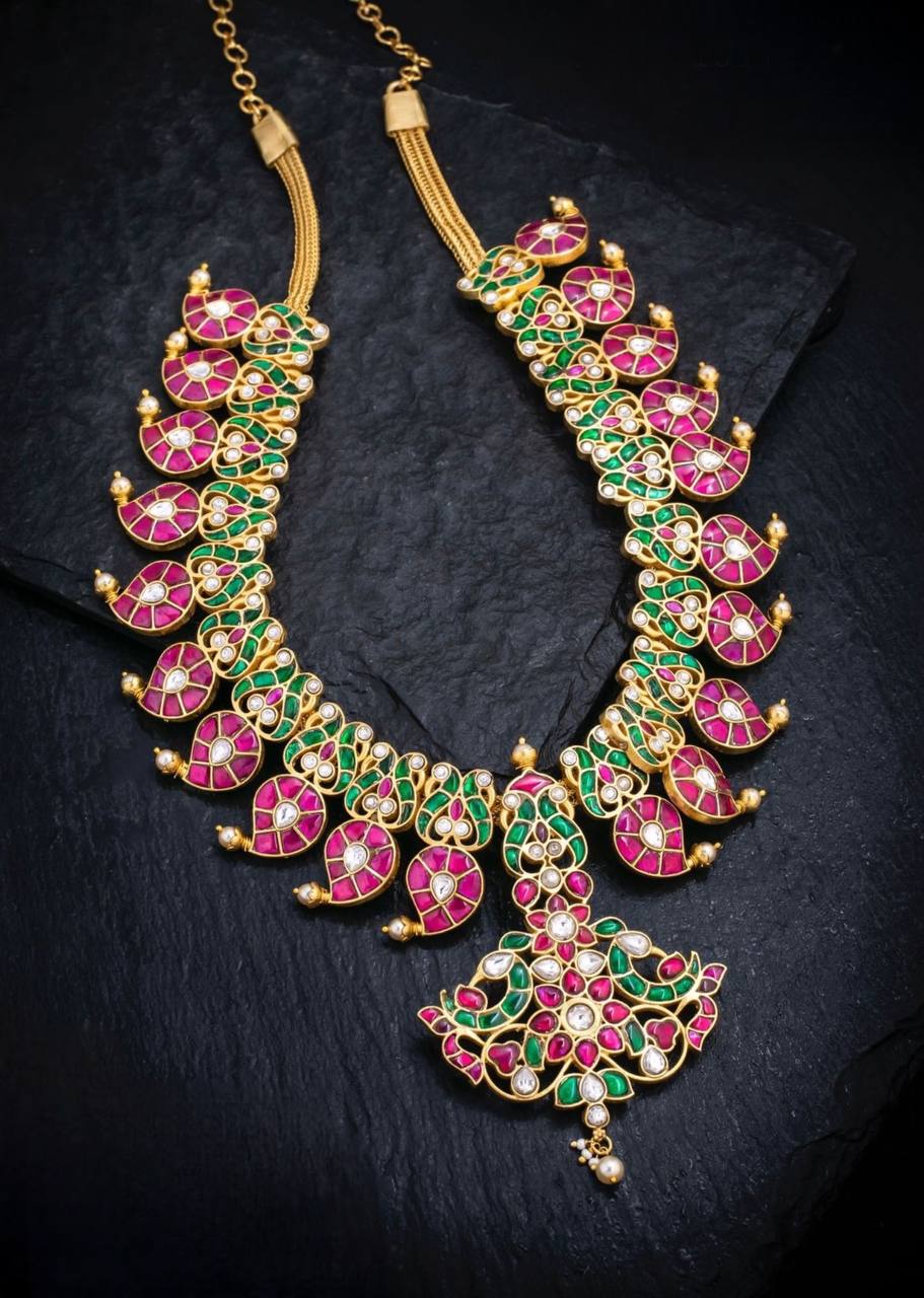 Ruby Mango With Emerald Haram in Kundan - KH0066