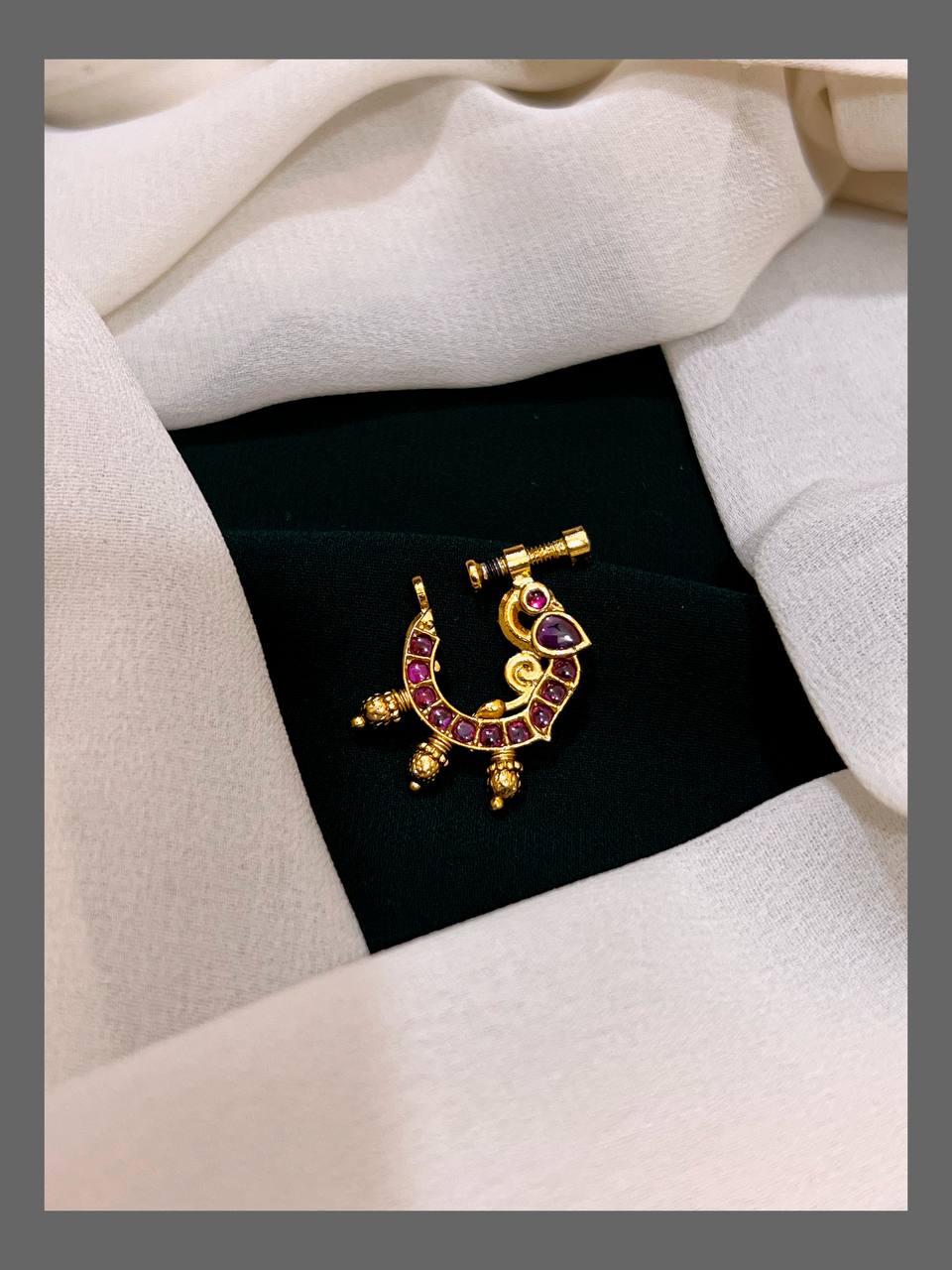 Ruby Peacock Nose Ring in Kundan - NR0031