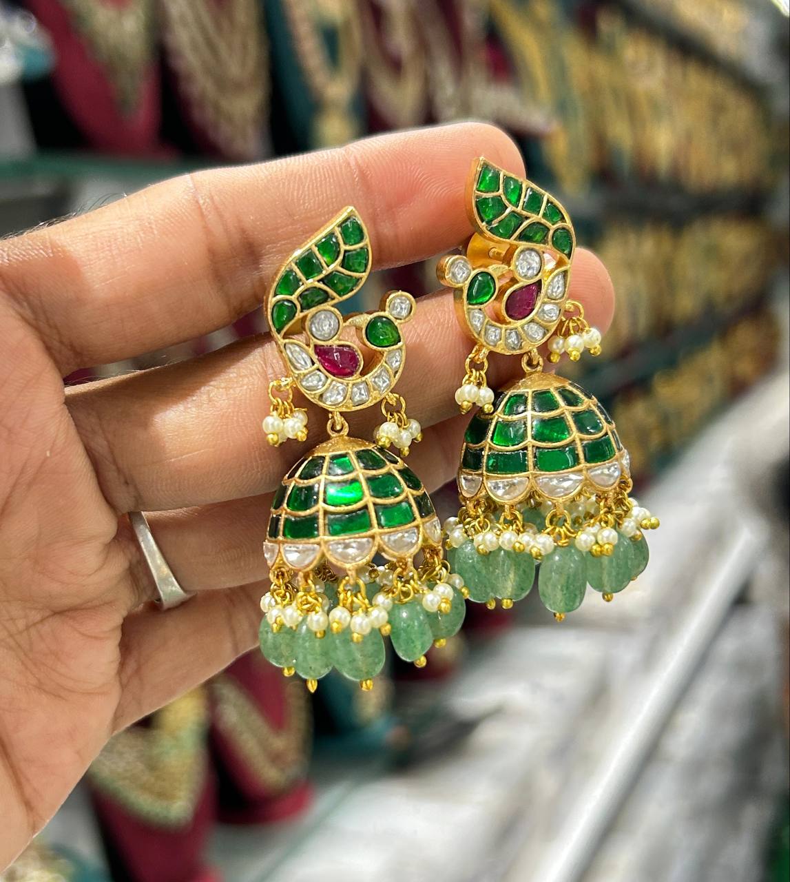 Beautiful Emerald peacock Jimiki in Kundan - KE00348