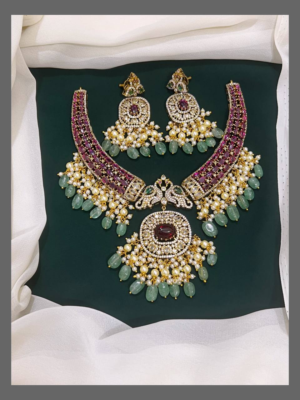 Ruby and Emerald Pearl with Pendent in Nakshi Necklace -  NN00178