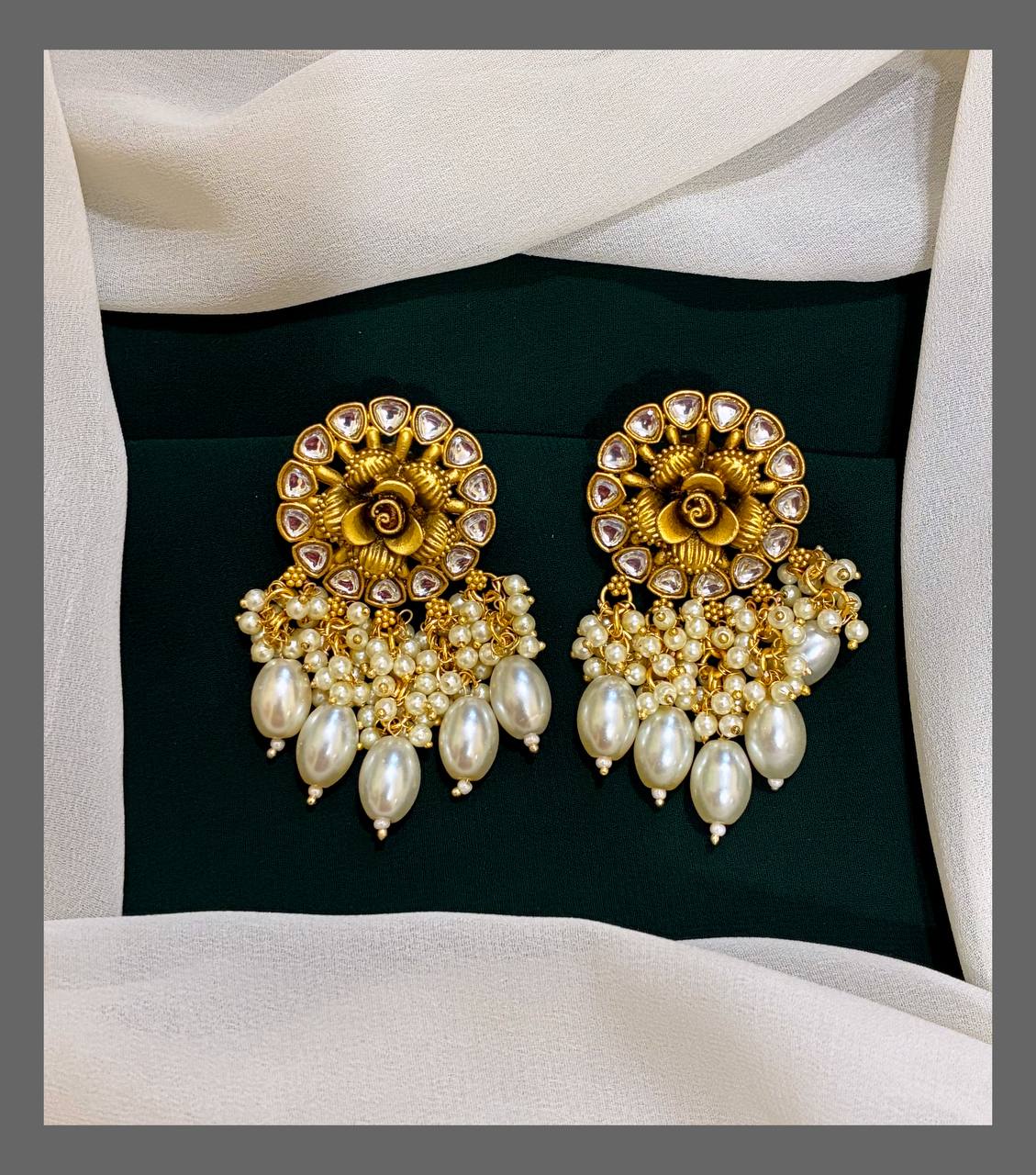 Flower White Pearl and White Stone Earring in Nakshi - NE0176