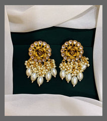 Flower White Pearl and White Stone Earring in Nakshi - NE0176