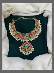 Flower Pendent with Peacock in Kundan Necklace - KN00288