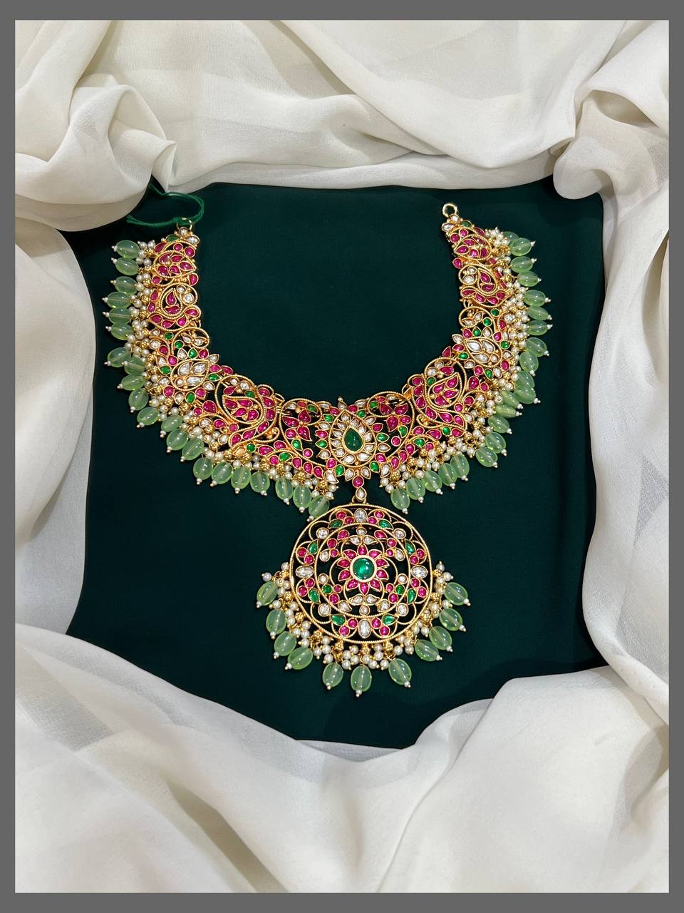 Flower Pendent with Peacock in Kundan Necklace - KN00288