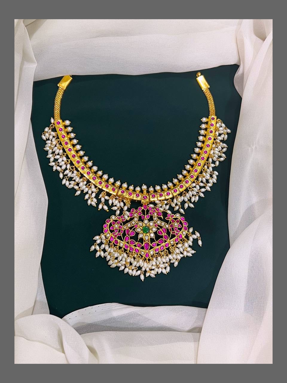 Rice Pearl Beautiful Ruby Peacock necklace in Kundan - KN00297