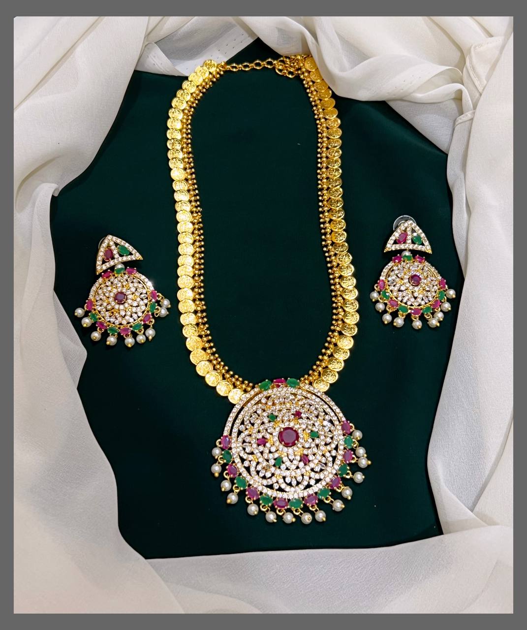 Kashu Mala Haram with White Pendent in Nakshi - NH00125