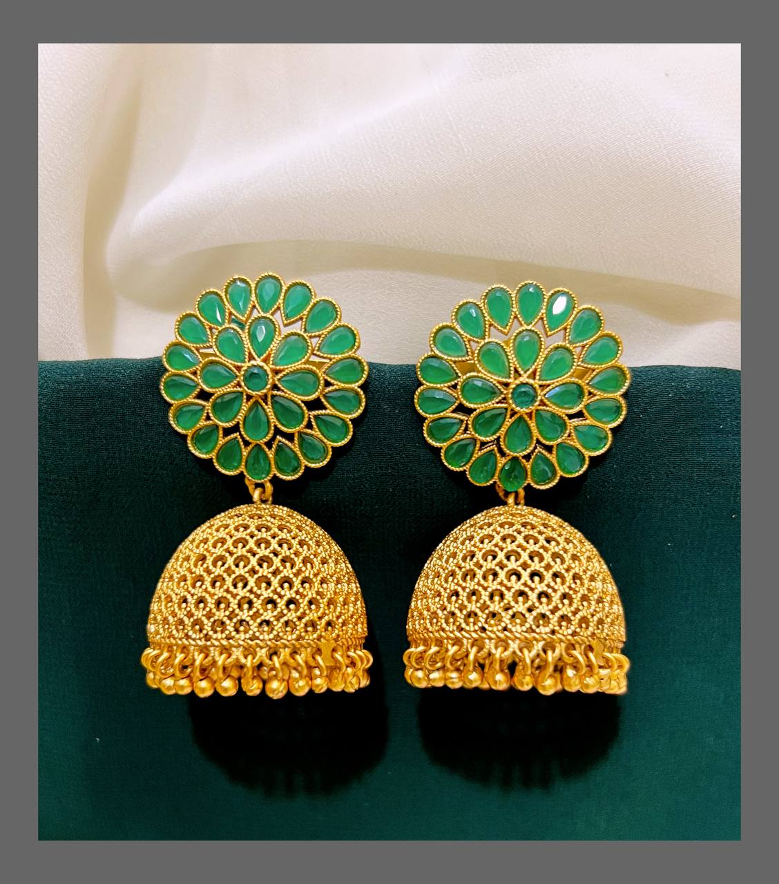 Beautiful Emerald Jhumki Earring in Nakshi -  NE00299