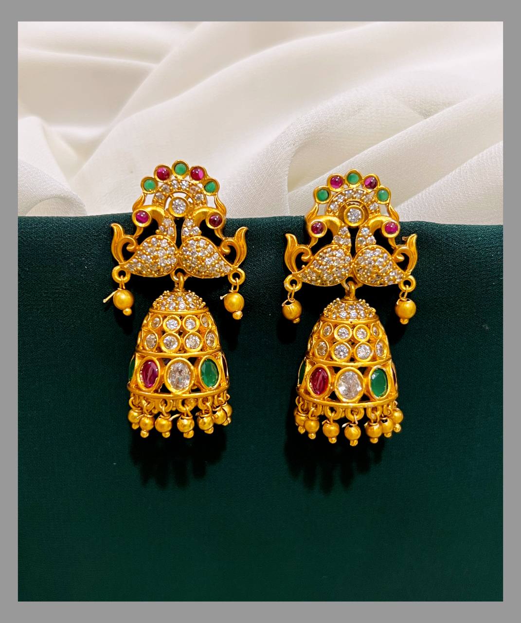Double Peacock in Multi Color Jhumki in Nakshi - NE00225