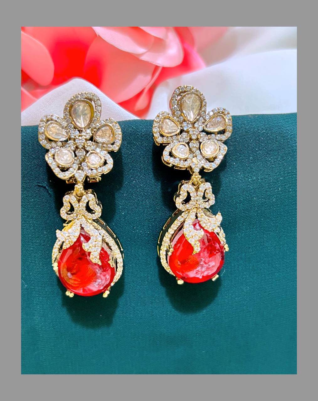 White Stone Flower with Ruby Earring in Victorian - VE0034