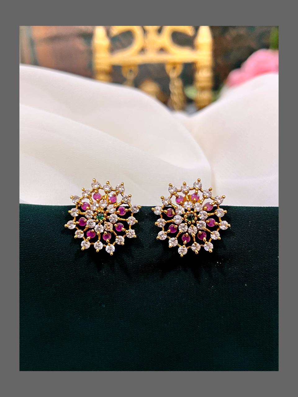 Elegant White Stone With Ruby Stud Earring in Nakshi - NE00263