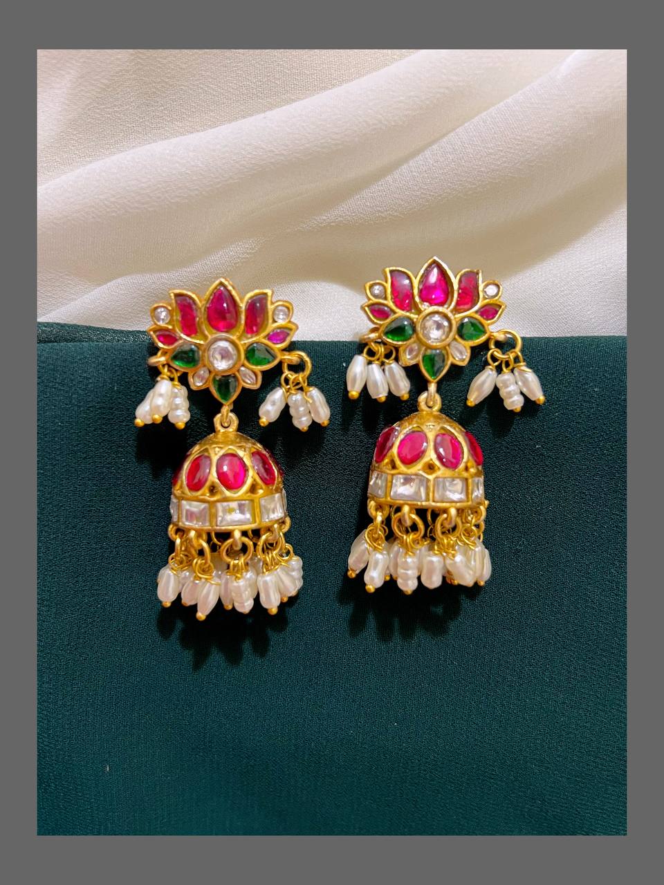 Rice Pearl Lotus Jhumki Earring in Kundan - KE00334