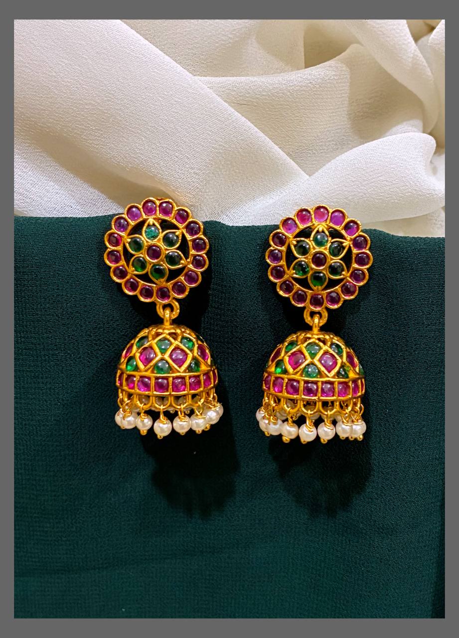 Ruby Flower Jhumki Earring in Nakshi - NE00317