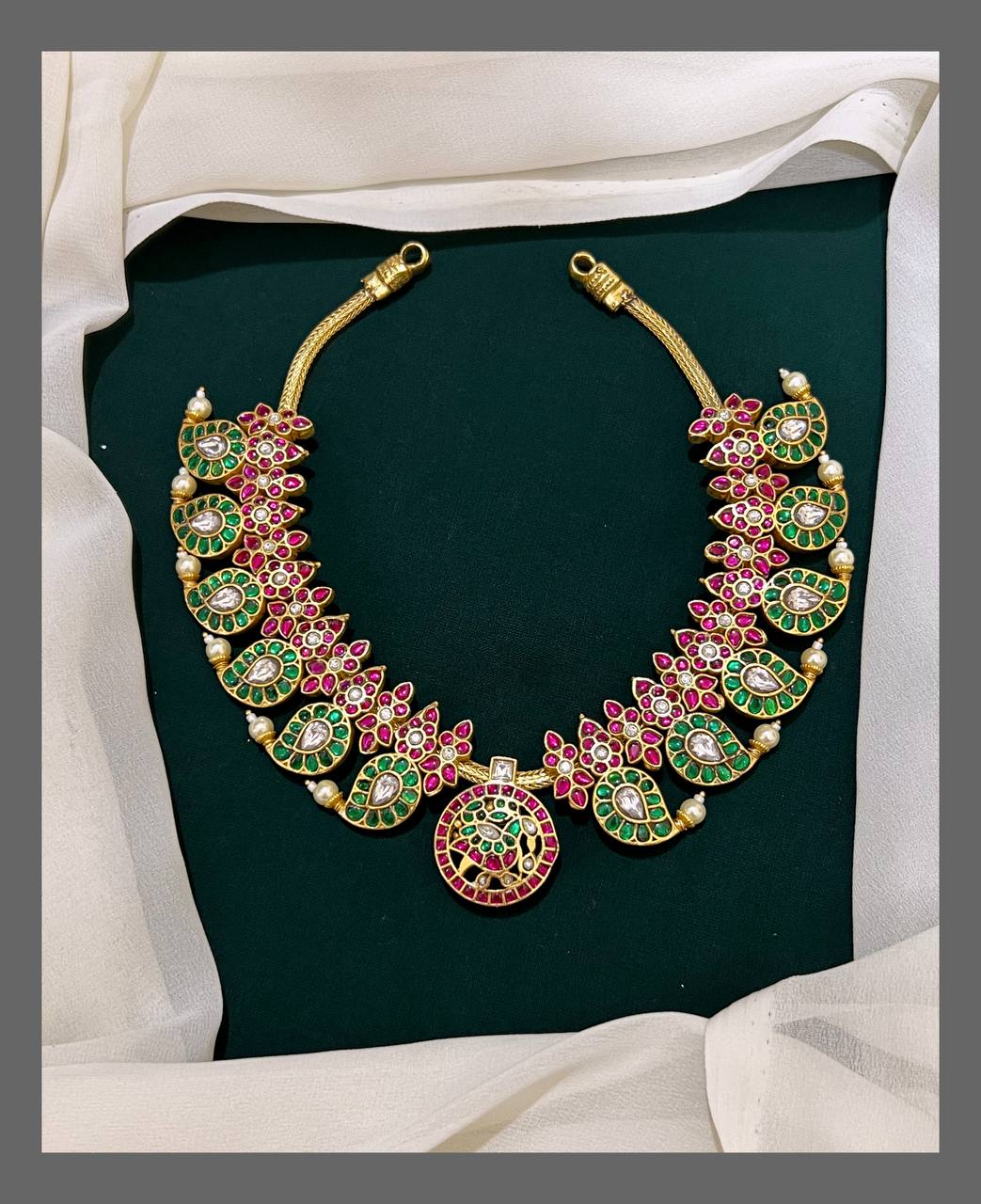 Emerald Mango With Ruby Necklace in Kundan - KN00316