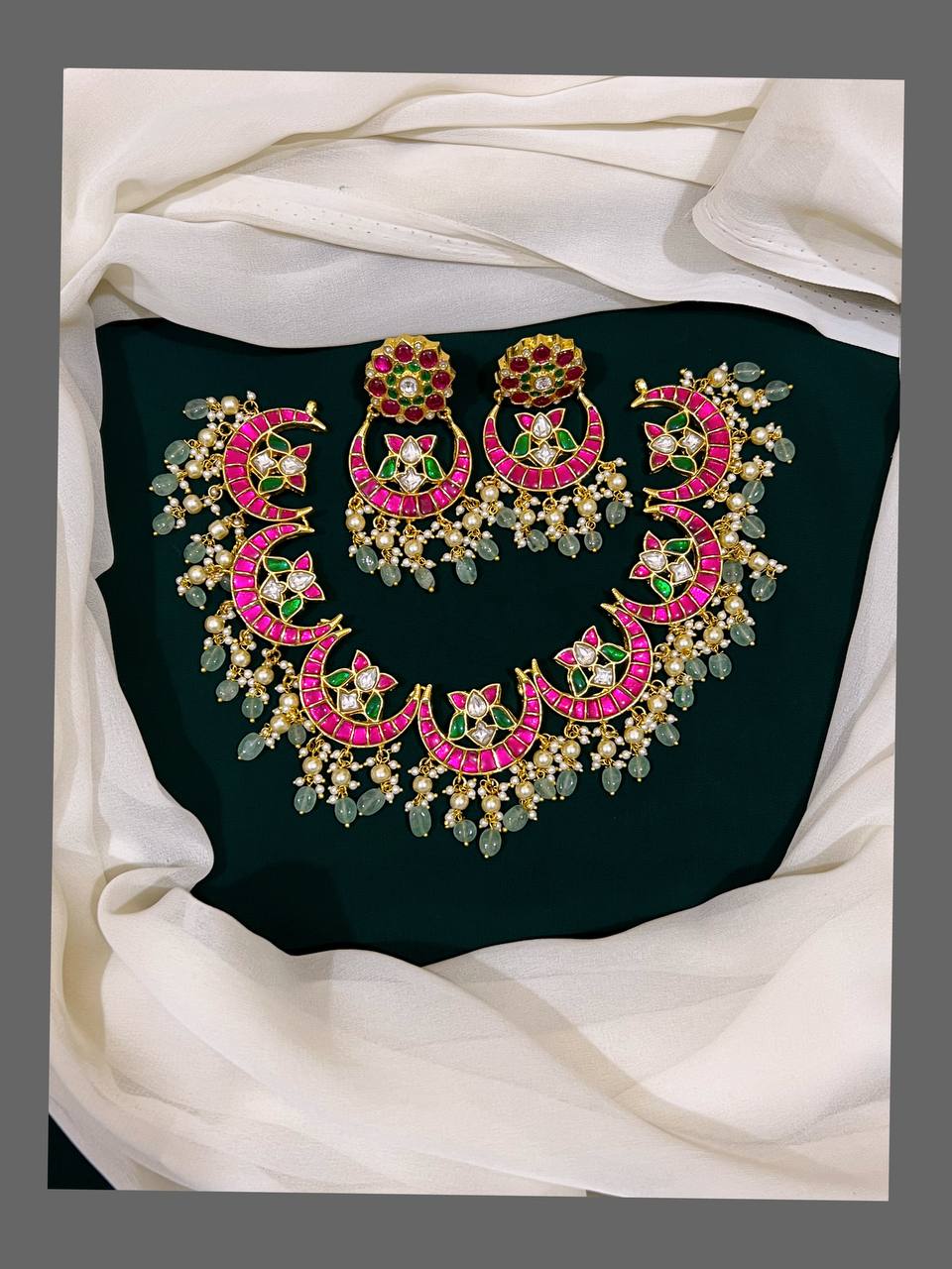Ruby Chand Bali with Lotus Necklace in Kundan - KN00327
