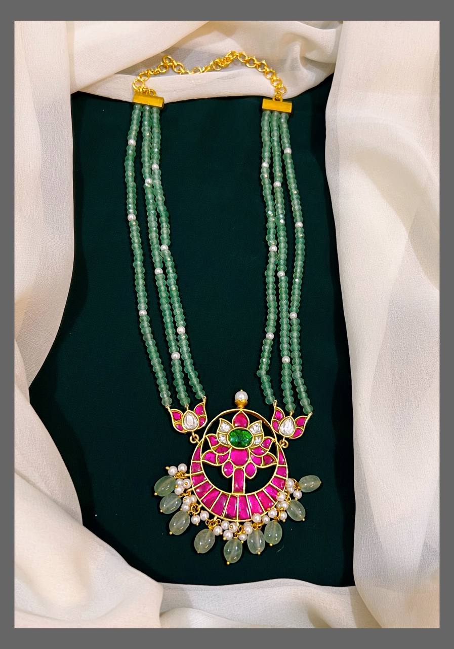 Green Pearl with Chand Bali Lotus Pendent - PB0053