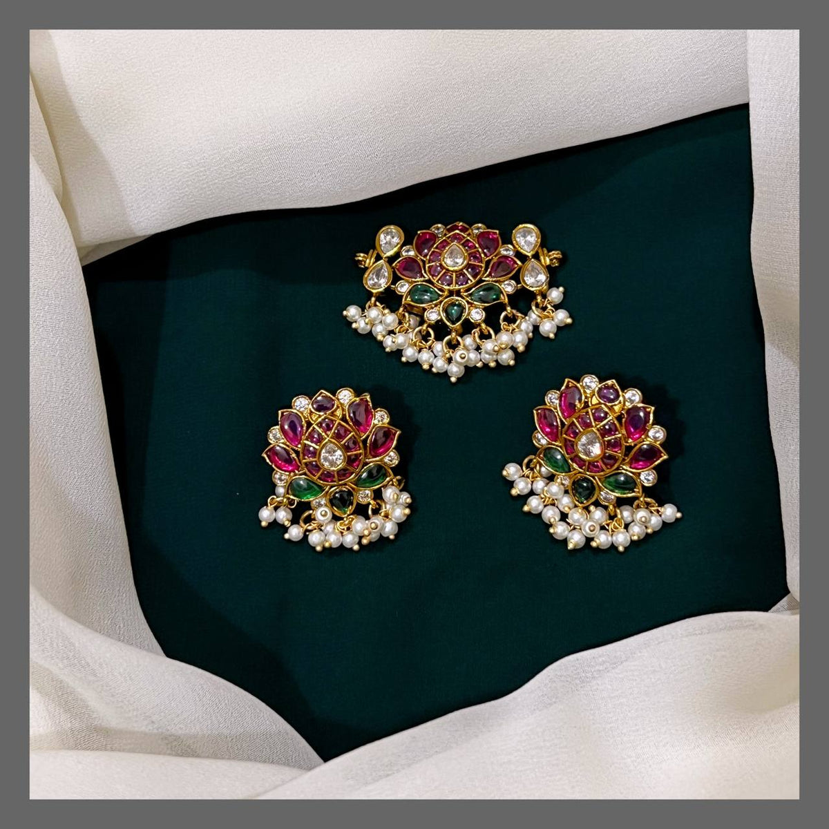 Ruby Lotus with White pearl pendent in Nakshi - NP005