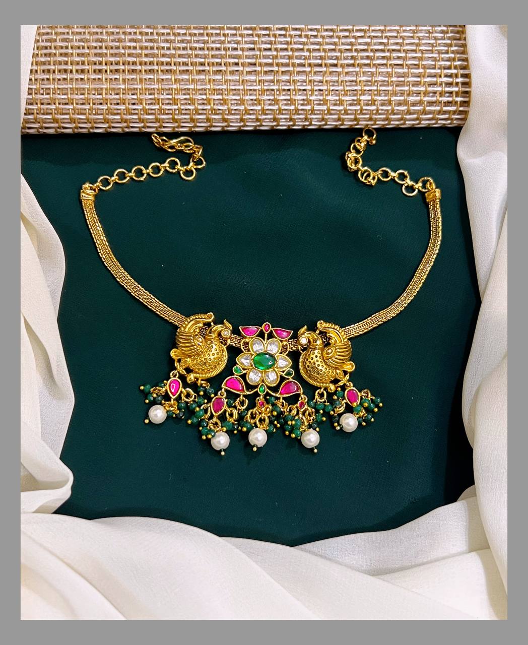 Peacock Chokar with Small Flower Necklace in Kundan- KN00383