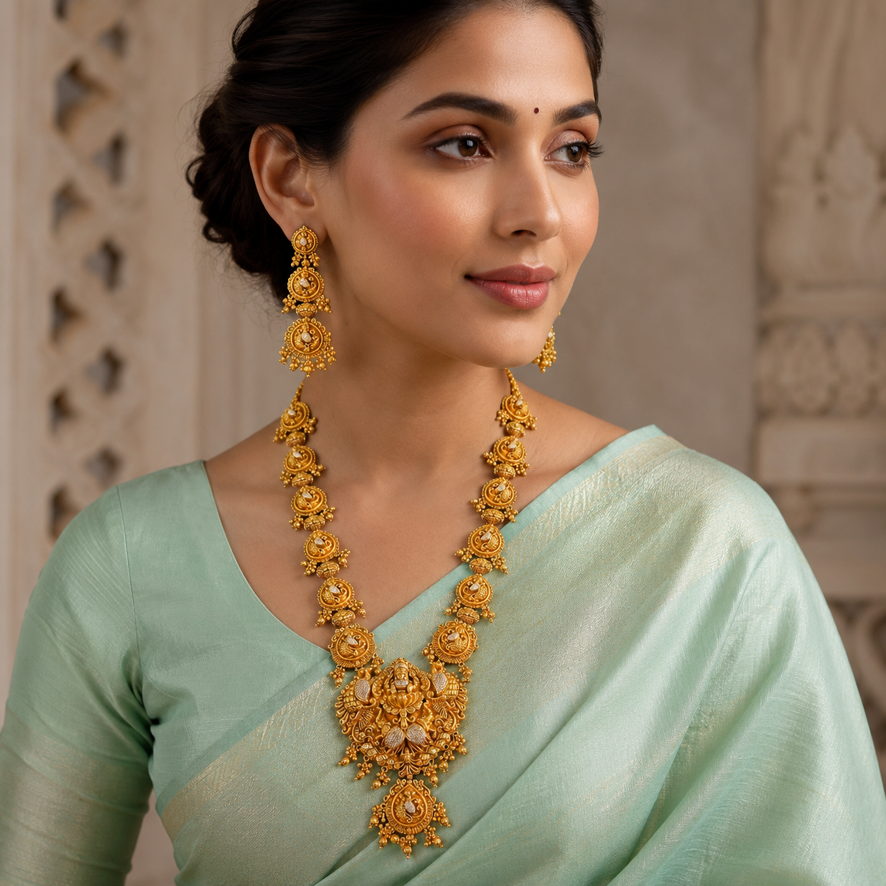 Beautiful Lakshmi Haram With Earrings In Nakshi - NH00391