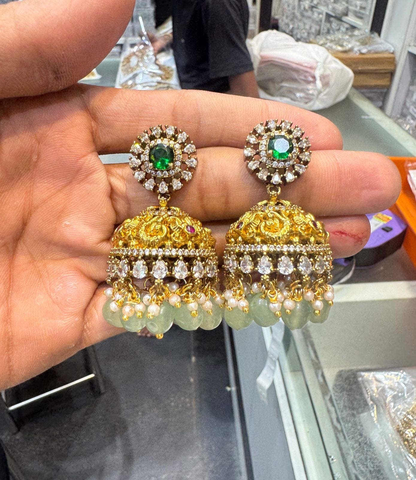 Victorian jhumkis with mint beads - VE022