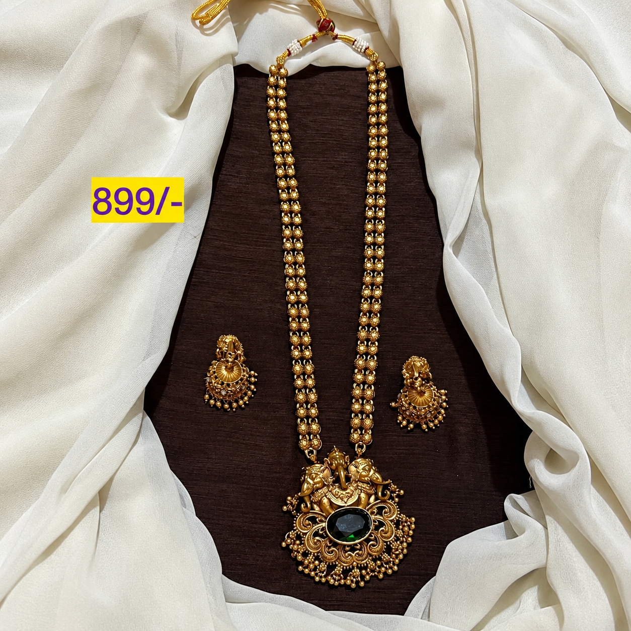 Antique Finish Ganesha Pendant long chain With Jhumkis - NH00206