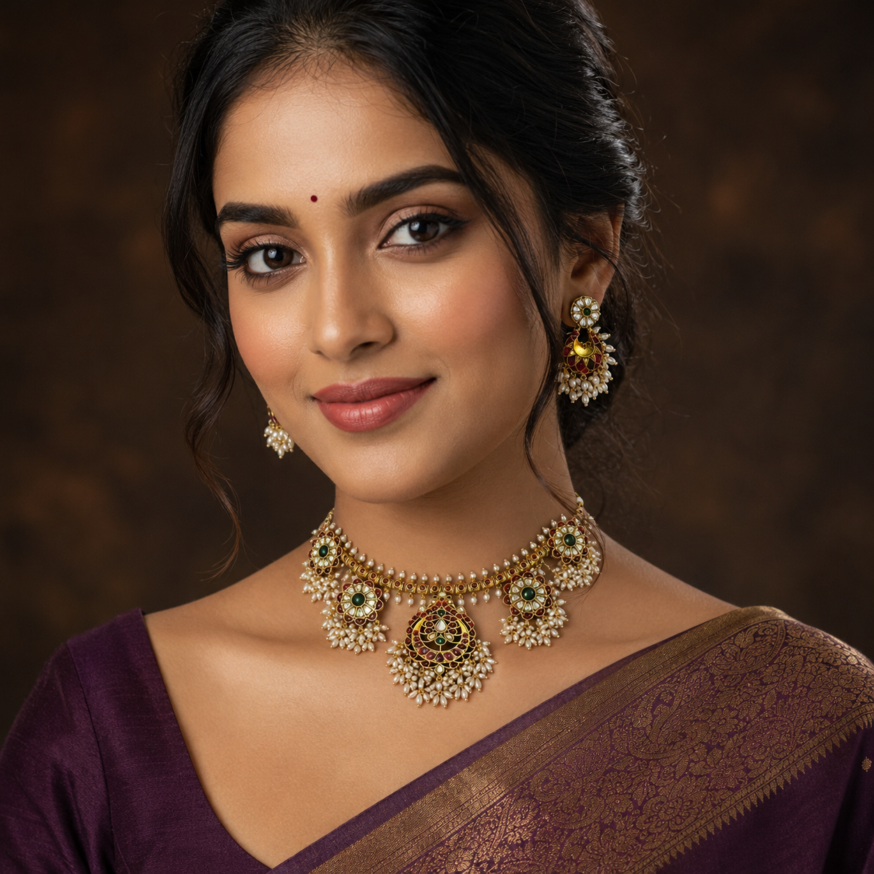 Kempu Guttipusalu Neckalce With Grand Jhumki - NN00980