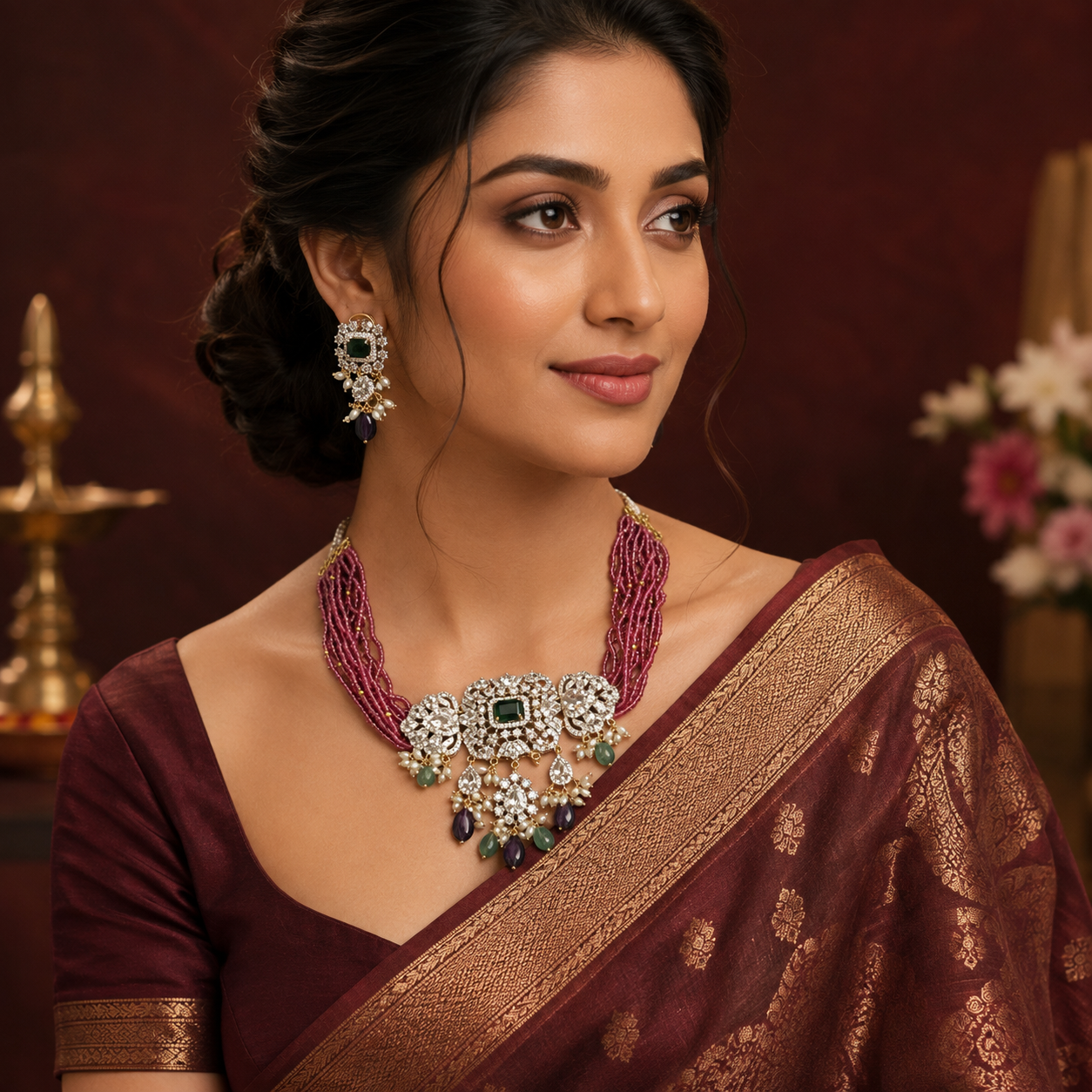 Pink Beads With Diamond Finish Pendant and Earrings - PB00620