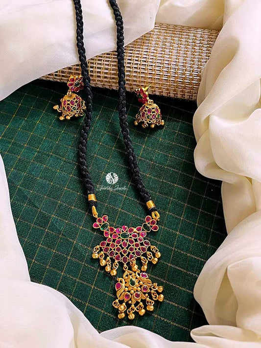 Black Threads Peacock Necklace with Ear Ring - BB0013