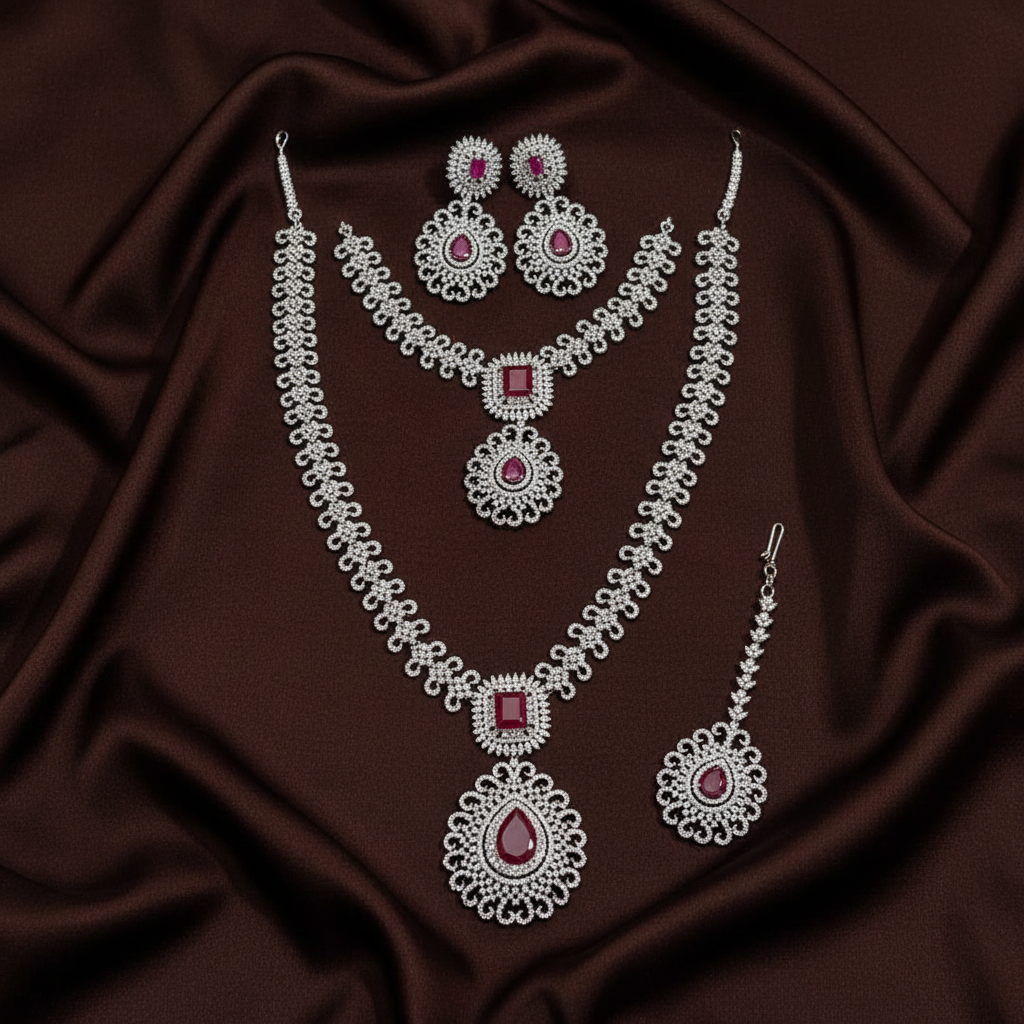 Daimond Bridal Set with Silver Color Polish With Earrings - BR0065