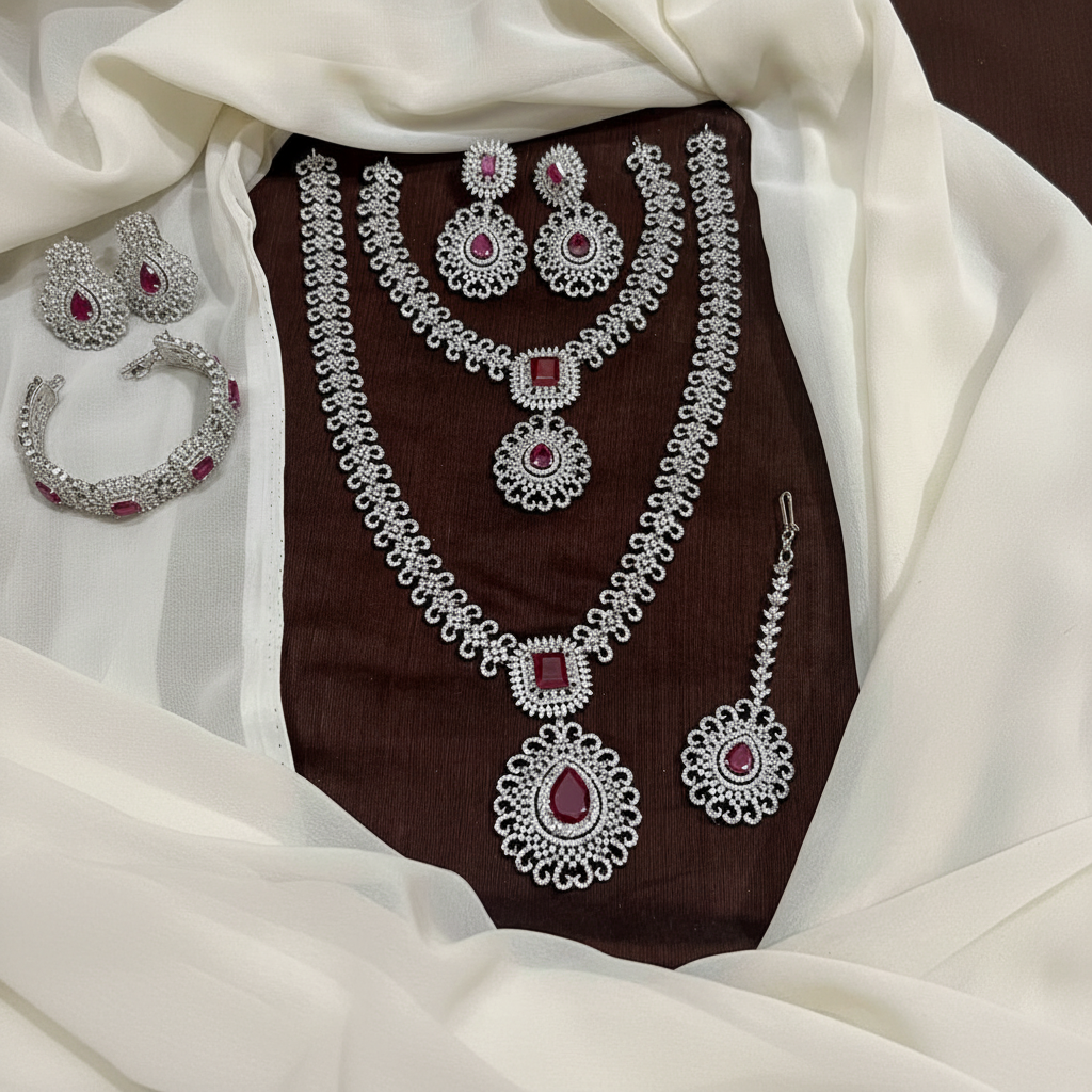 Daimond Bridal Set with Silver Color Polish With Earrings - BR0065