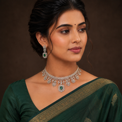 Daimond Emerald Stone Necklace With Gold Replica - DN0089