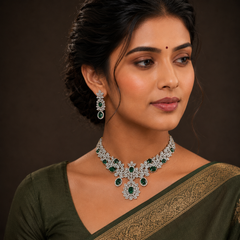 Flower Pattern Diamond Necklace Woth Earrings - DN0080