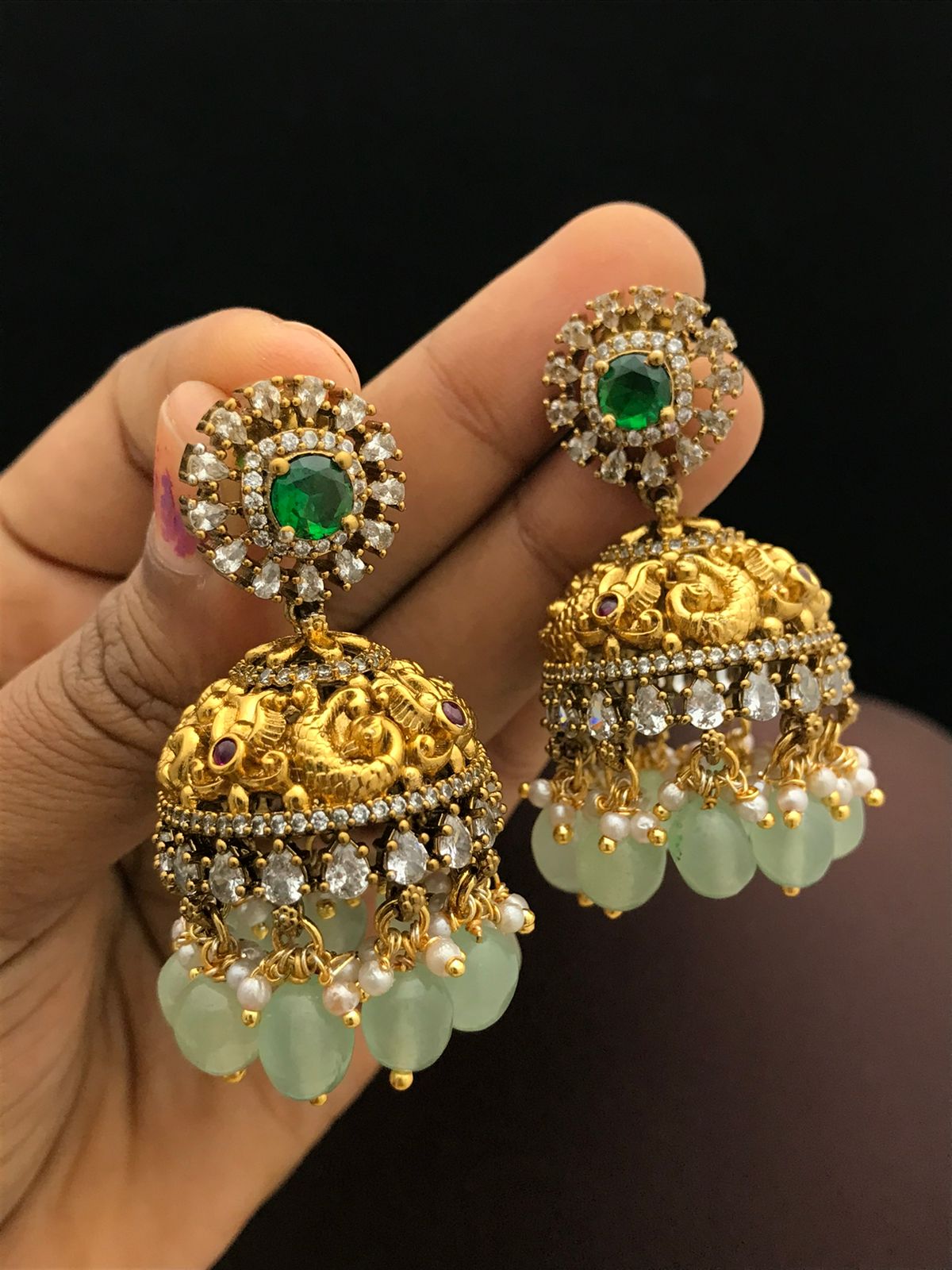 Victorian jhumkis with mint beads - VE022