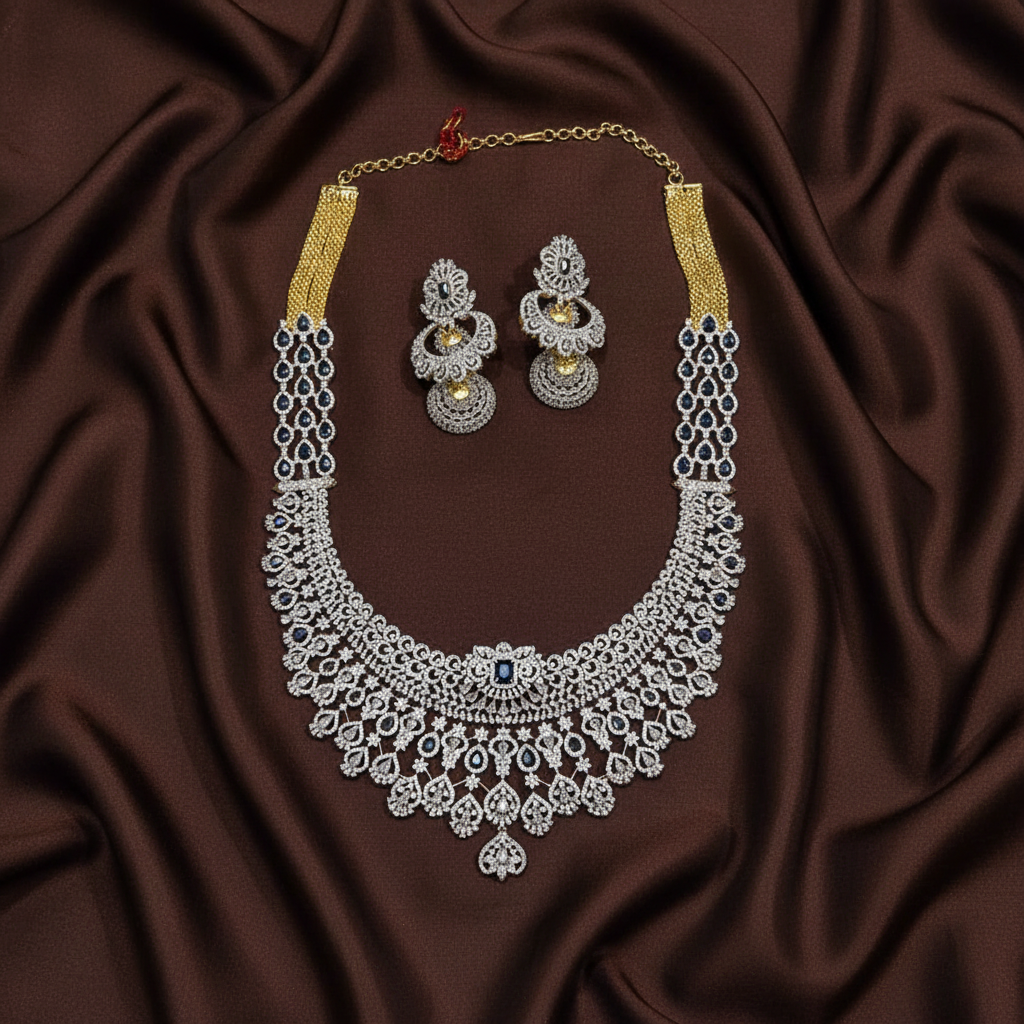 Daimond Long haram In blue Color With Grand Jhumkis - DH0013