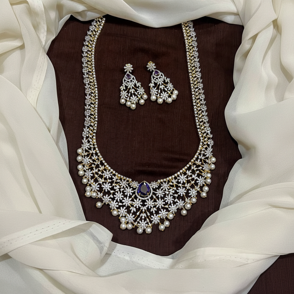 Diamond Long Haram With Pearls and Earrings - DH0014