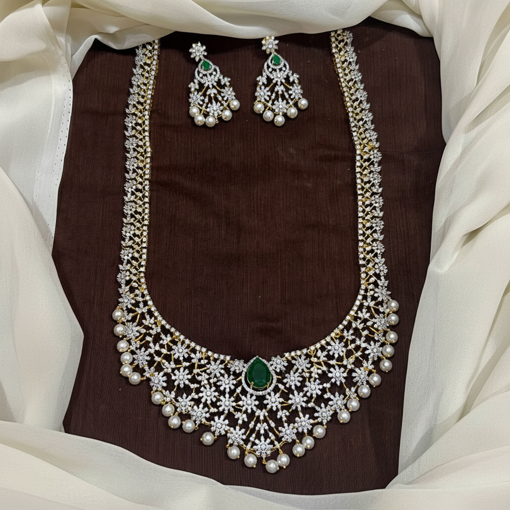Diamond Long Haram With Pearls and Earrings - DH0014
