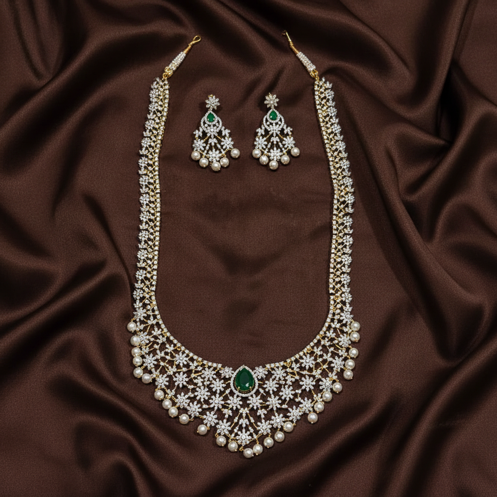 Diamond Long Haram With Pearls and Earrings - DH0014