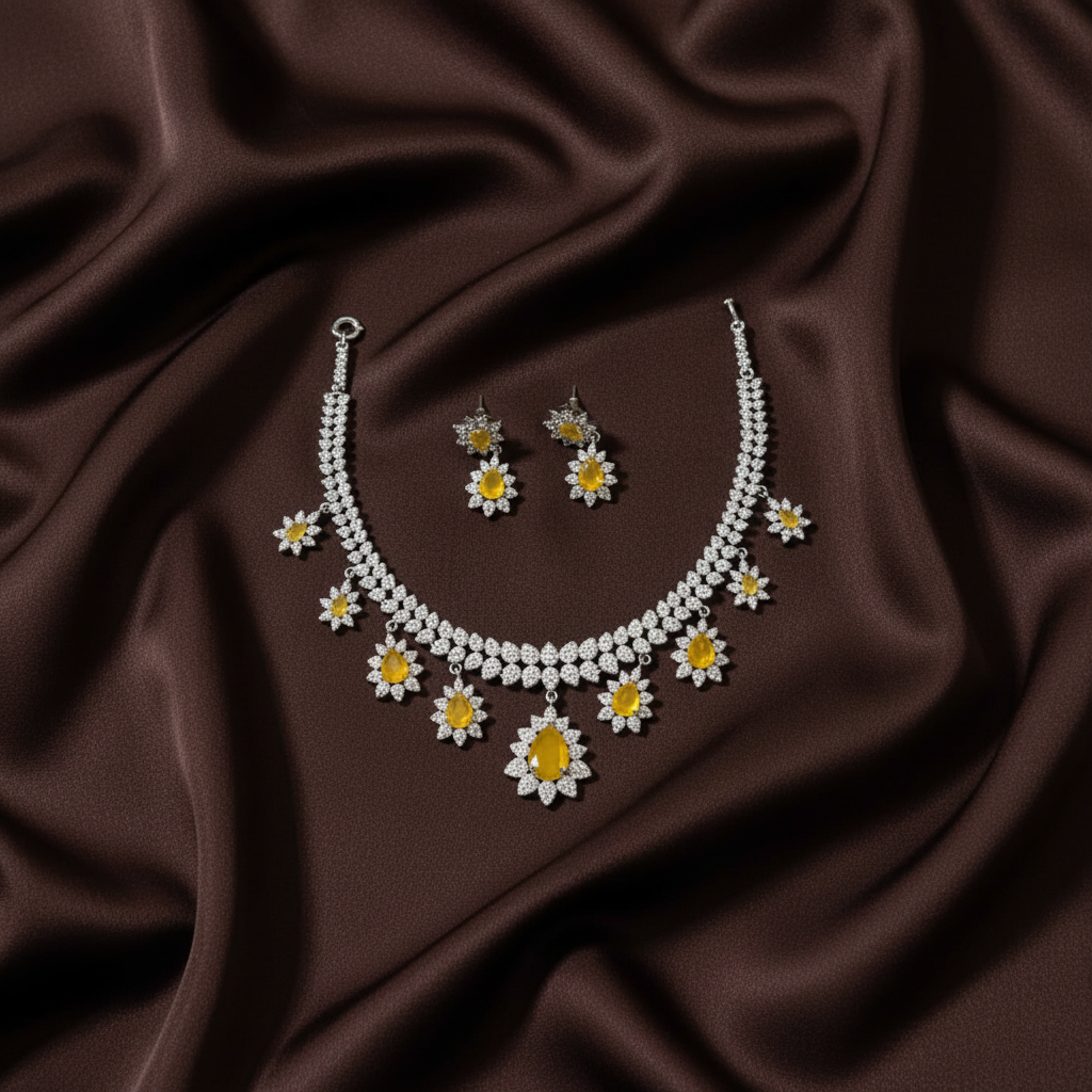 Flower Drop Down Daimond Set in Silver Color Polish - DN0075